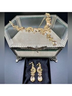 NIB Radiant Gold & Zircon Teardrop Necklace & Earring Jewelry Set